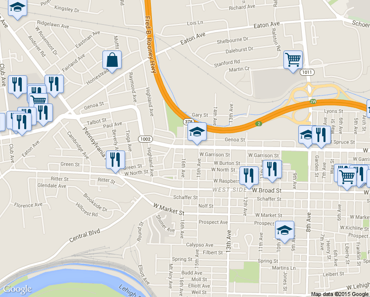 map of restaurants, bars, coffee shops, grocery stores, and more near 1607 West Union Boulevard in Bethlehem