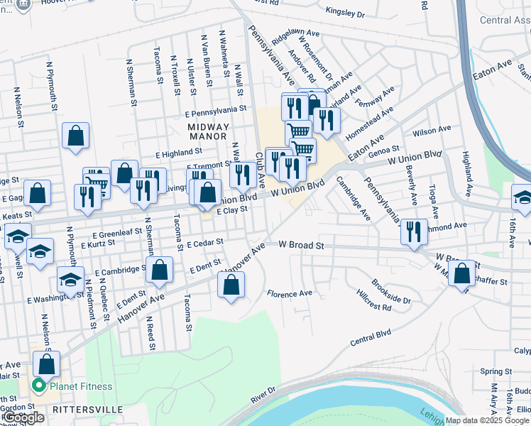 map of restaurants, bars, coffee shops, grocery stores, and more near 852 Club Avenue in Allentown