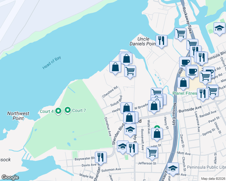 map of restaurants, bars, coffee shops, grocery stores, and more near 2 Cheshire Road in Inwood