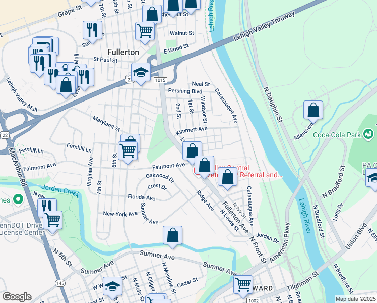 map of restaurants, bars, coffee shops, grocery stores, and more near 323 Fullerton Avenue in Whitehall