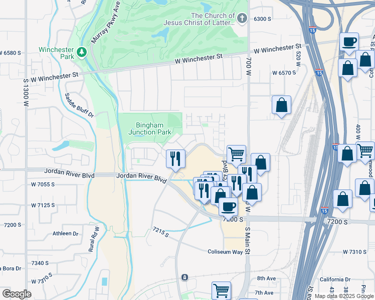 map of restaurants, bars, coffee shops, grocery stores, and more near 6941 Village River Lane in Midvale