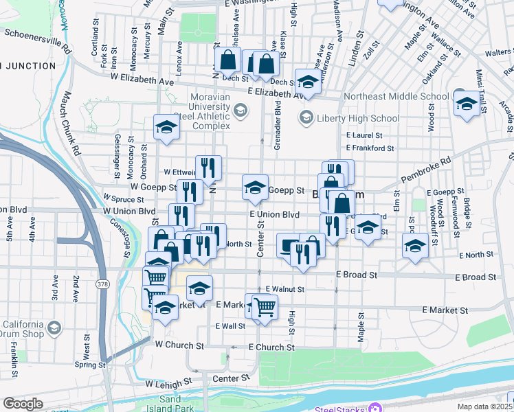 map of restaurants, bars, coffee shops, grocery stores, and more near 809 Center Street in Bethlehem