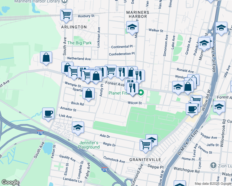 map of restaurants, bars, coffee shops, grocery stores, and more near 15 Summerfield Place in Staten Island