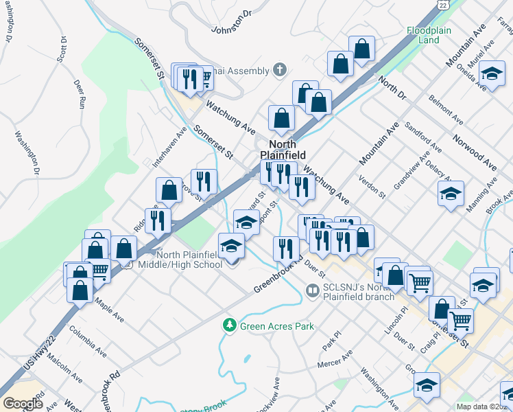 map of restaurants, bars, coffee shops, grocery stores, and more near 281 Steiner Place in North Plainfield