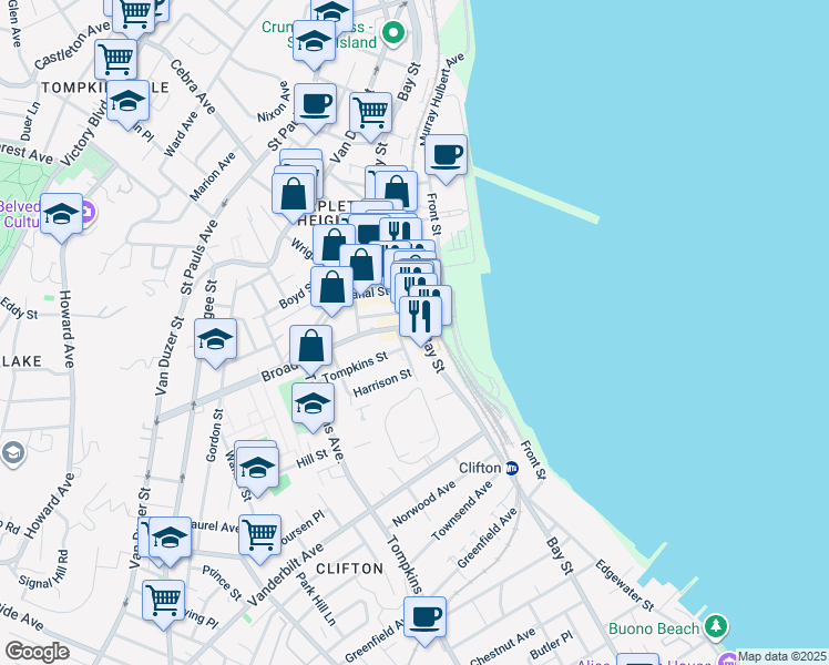 map of restaurants, bars, coffee shops, grocery stores, and more near 61 A Thompson Street in Staten Island