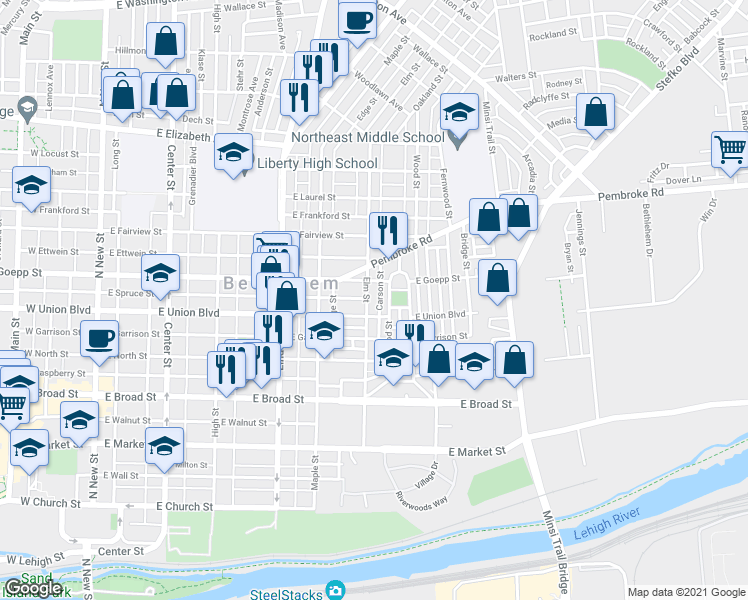 map of restaurants, bars, coffee shops, grocery stores, and more near 822 Elm Street in Bethlehem