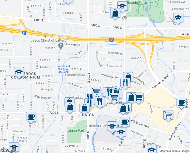 map of restaurants, bars, coffee shops, grocery stores, and more near 6924 South 745 East in Midvale