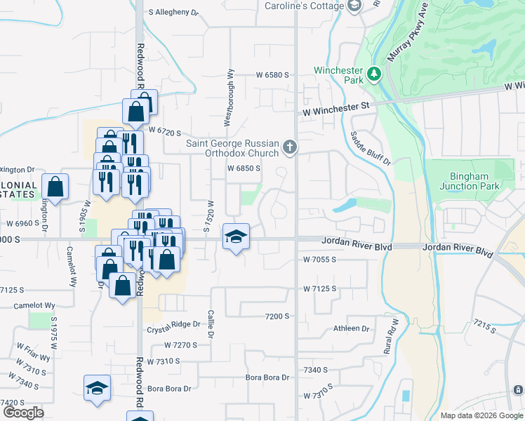 map of restaurants, bars, coffee shops, grocery stores, and more near 6935 South Columbia Drive in West Jordan