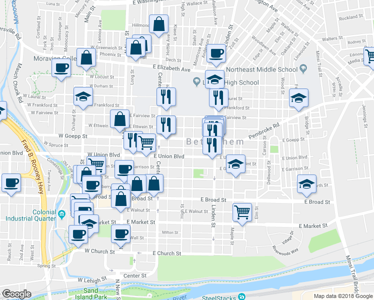 map of restaurants, bars, coffee shops, grocery stores, and more near 814 High Street in Bethlehem
