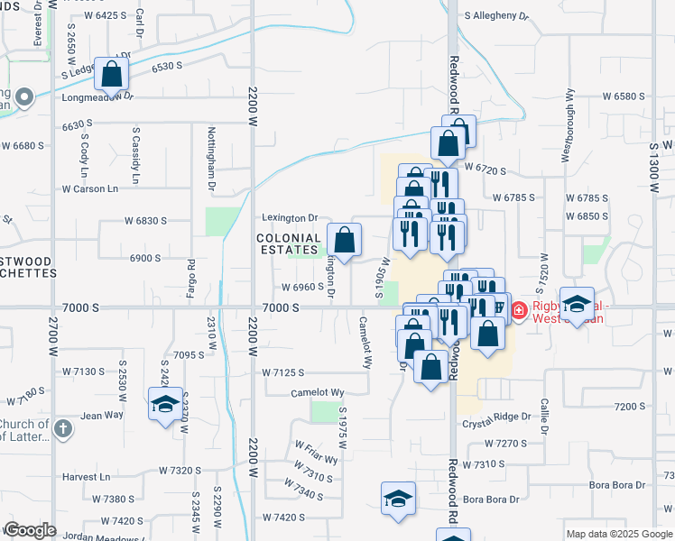 map of restaurants, bars, coffee shops, grocery stores, and more near 6925 South Lexington Drive in West Jordan