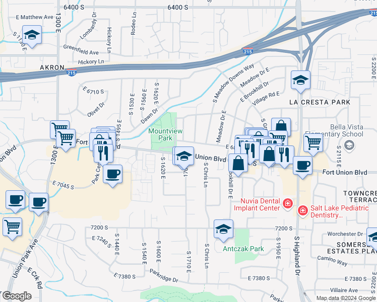 map of restaurants, bars, coffee shops, grocery stores, and more near 1731 East 6890 South in Cottonwood Heights