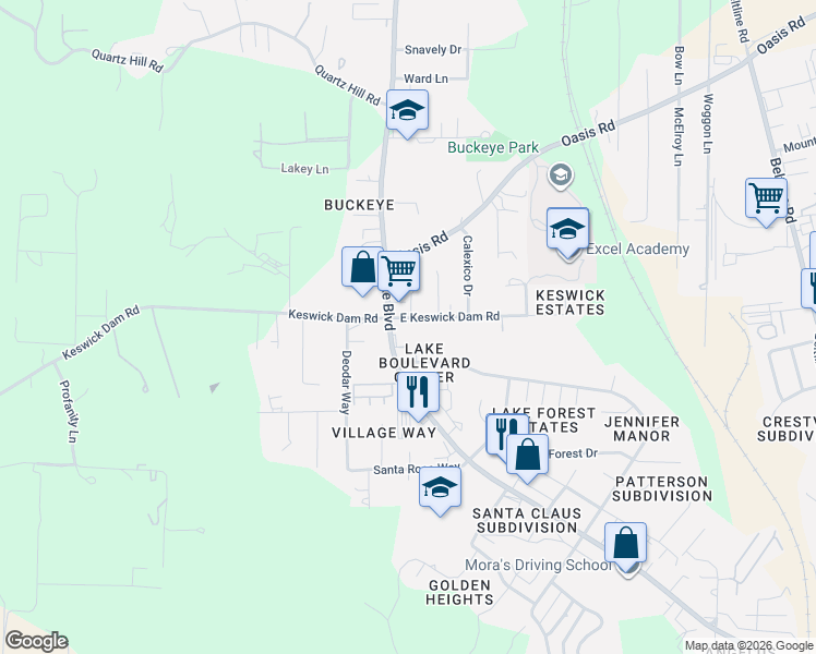 map of restaurants, bars, coffee shops, grocery stores, and more near 1345 Lake Boulevard in Redding