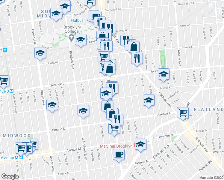map of restaurants, bars, coffee shops, grocery stores, and more near 2400 Nostrand Avenue in Brooklyn