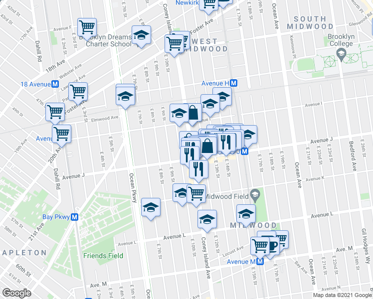 map of restaurants, bars, coffee shops, grocery stores, and more near 946 East 12th Street in Brooklyn