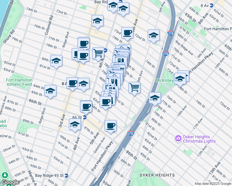 map of restaurants, bars, coffee shops, grocery stores, and more near 516 79th Street in Brooklyn