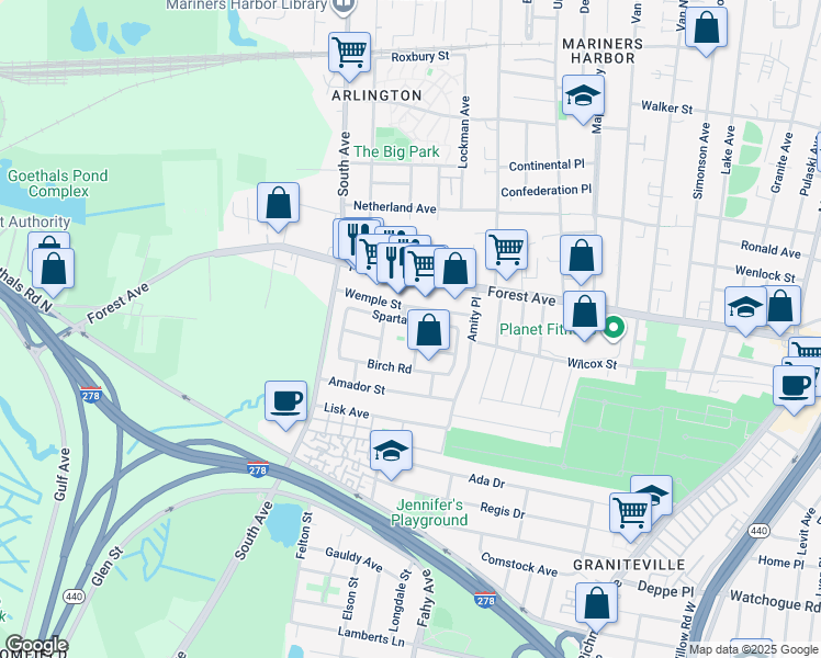 map of restaurants, bars, coffee shops, grocery stores, and more near 75 Spartan Avenue in Staten Island