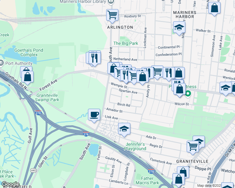 map of restaurants, bars, coffee shops, grocery stores, and more near 119 Spartan Avenue in Staten Island