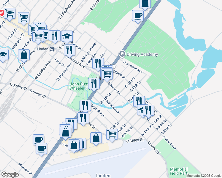 map of restaurants, bars, coffee shops, grocery stores, and more near 937 South Wood Avenue in Linden