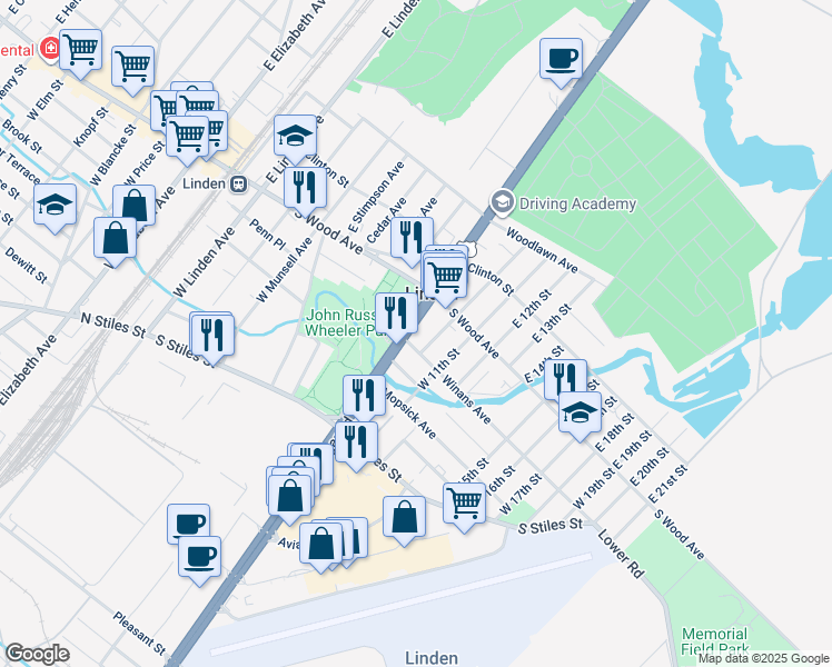 map of restaurants, bars, coffee shops, grocery stores, and more near in Linden