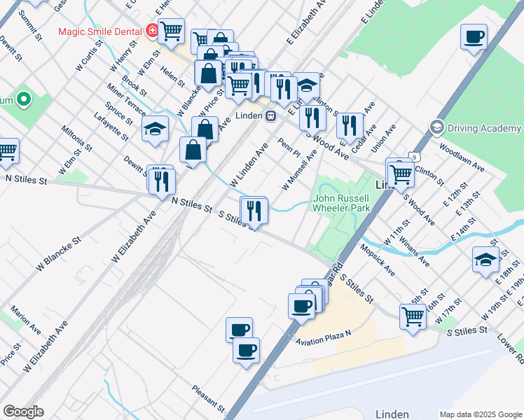 map of restaurants, bars, coffee shops, grocery stores, and more near 301 West Morris Avenue in Linden