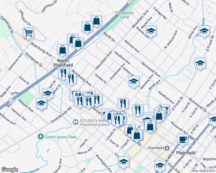 map of restaurants, bars, coffee shops, grocery stores, and more near 94 Grandview Avenue in North Plainfield