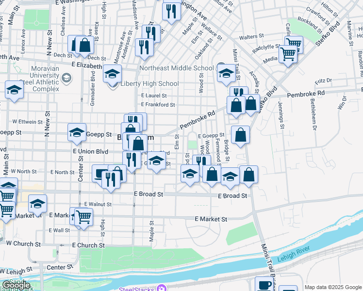 map of restaurants, bars, coffee shops, grocery stores, and more near 517 Goepp Circle in Bethlehem