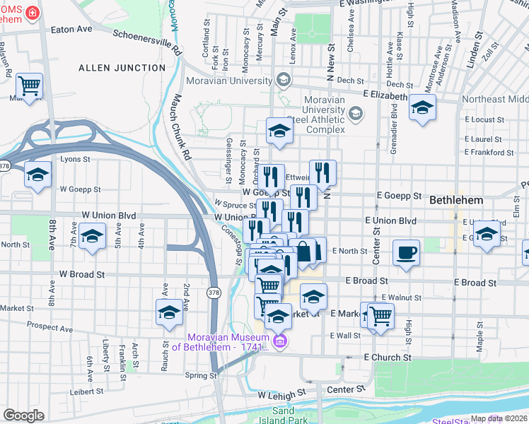 map of restaurants, bars, coffee shops, grocery stores, and more near 115 West Goepp Street in Bethlehem
