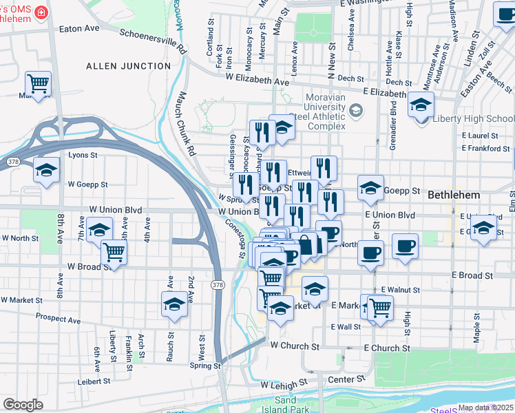 map of restaurants, bars, coffee shops, grocery stores, and more near 115 West Goepp Street in Bethlehem