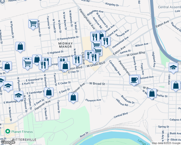 map of restaurants, bars, coffee shops, grocery stores, and more near in Bethlehem