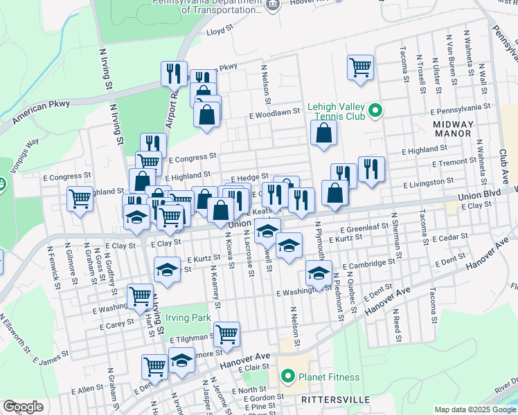 map of restaurants, bars, coffee shops, grocery stores, and more near 1221 East Livingston Street in Allentown