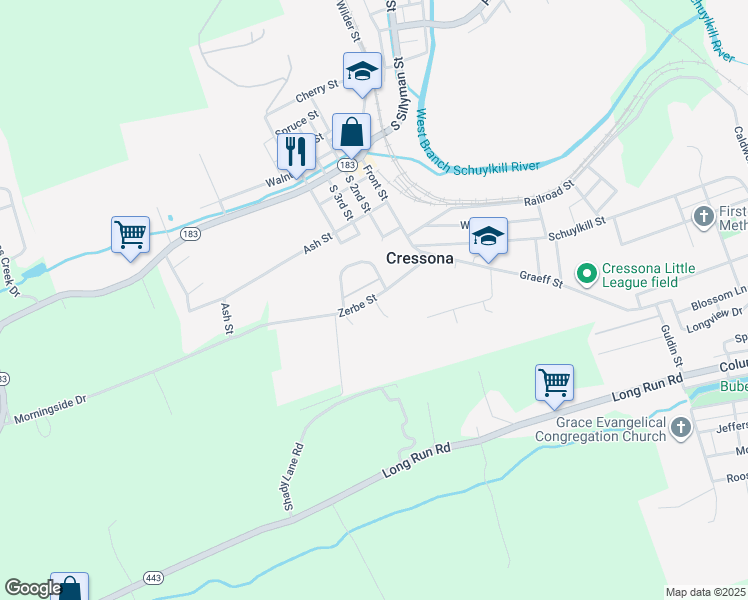 map of restaurants, bars, coffee shops, grocery stores, and more near 17 Zerbe Street in Cressona