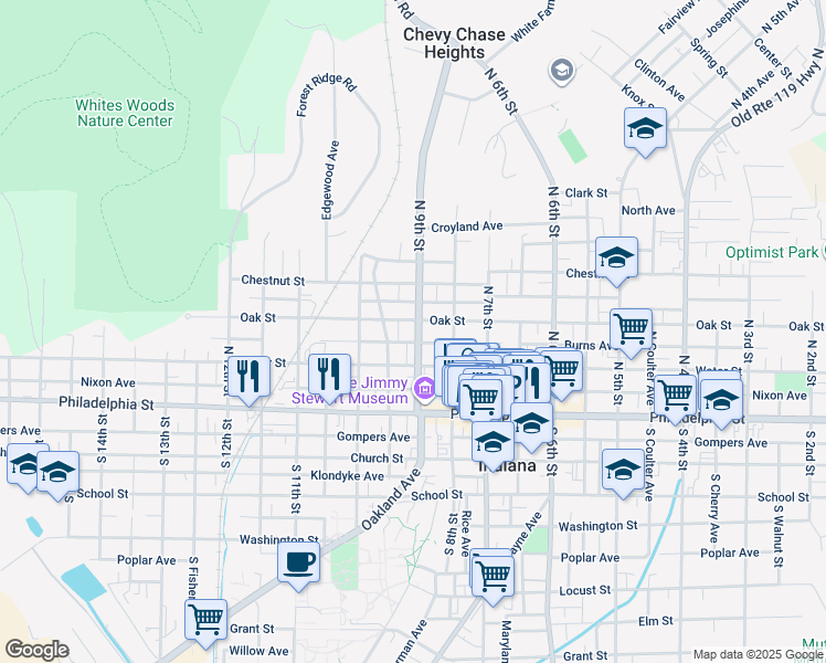 map of restaurants, bars, coffee shops, grocery stores, and more near 919 Oak Street in Indiana