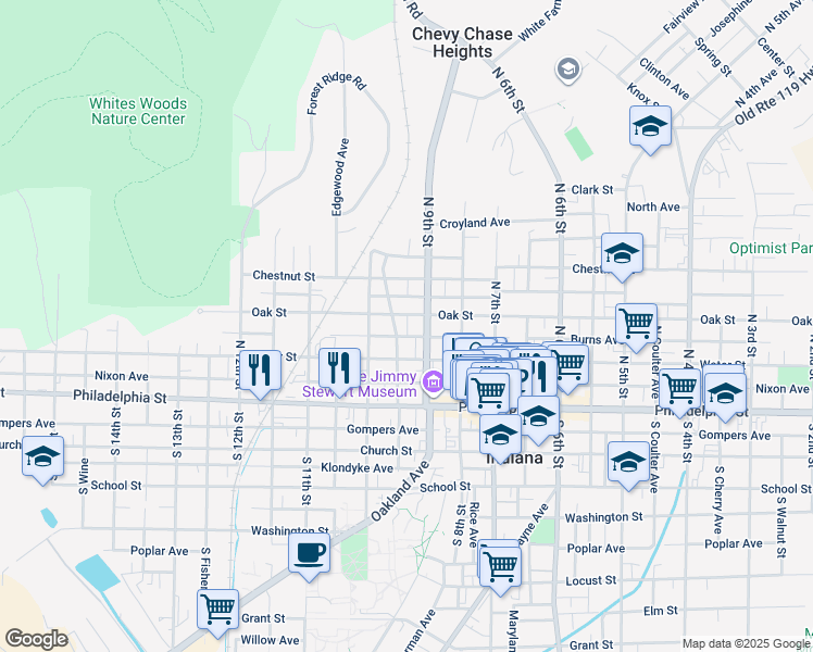 map of restaurants, bars, coffee shops, grocery stores, and more near 919 Oak Street in Indiana