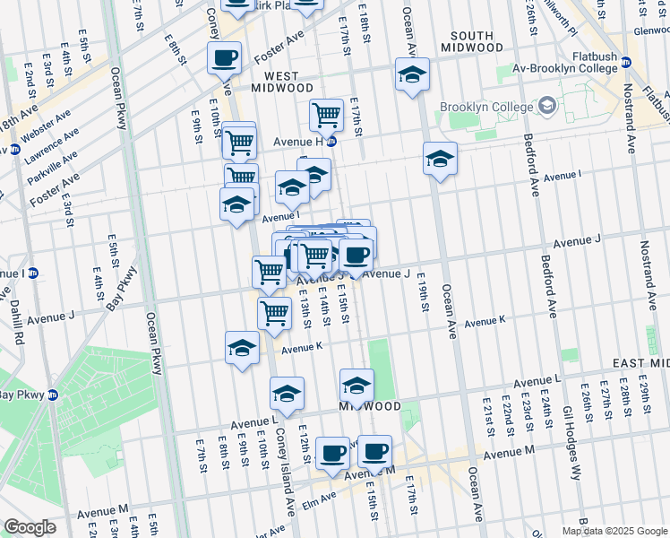 map of restaurants, bars, coffee shops, grocery stores, and more near 963 East 14th Street in Brooklyn