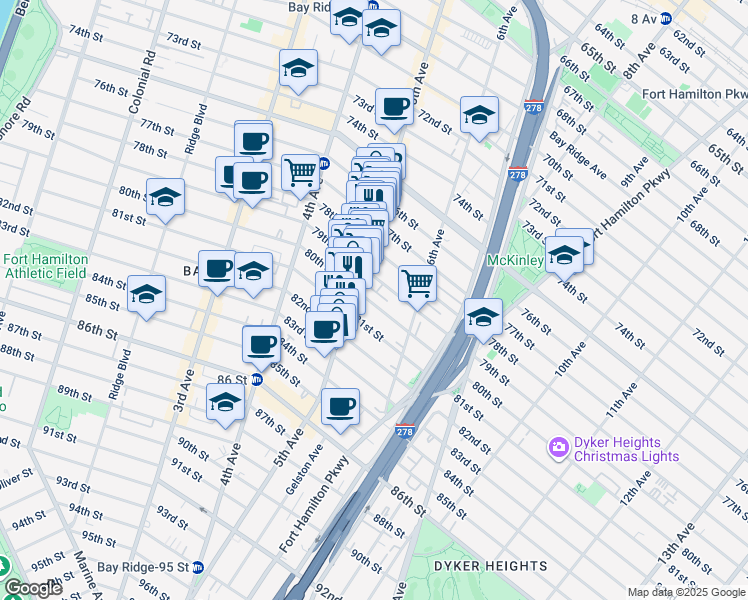 map of restaurants, bars, coffee shops, grocery stores, and more near 516 79th Street in Brooklyn