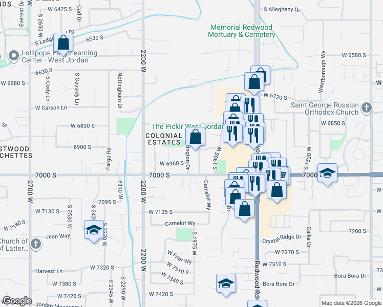 map of restaurants, bars, coffee shops, grocery stores, and more near 6925 South Lexington Drive in West Jordan