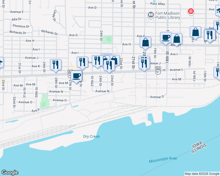 map of restaurants, bars, coffee shops, grocery stores, and more near 2200 Avenue M in Fort Madison