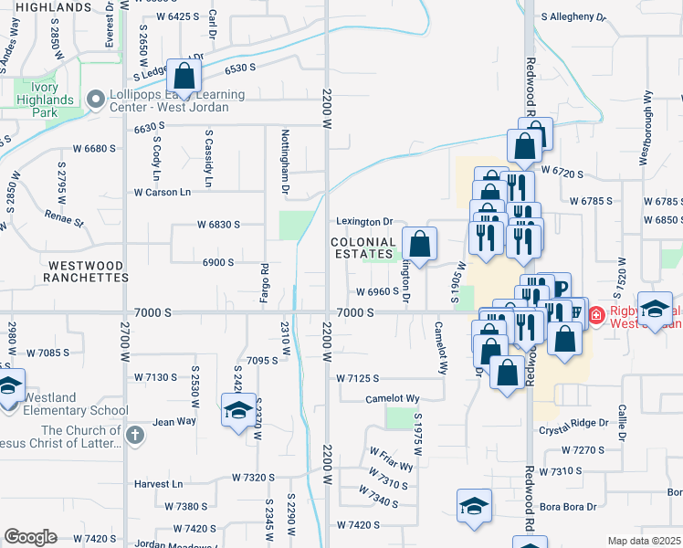 map of restaurants, bars, coffee shops, grocery stores, and more near 6924 South 2160 West in West Jordan