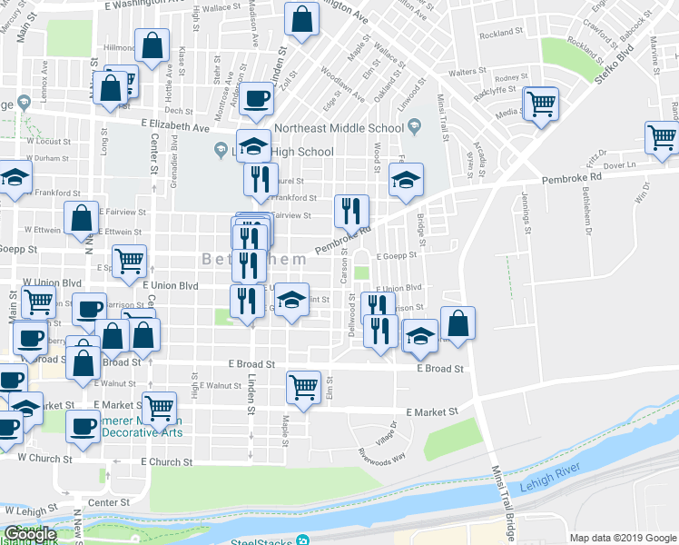 map of restaurants, bars, coffee shops, grocery stores, and more near 824 Elm Street in Bethlehem