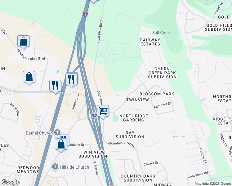 map of restaurants, bars, coffee shops, grocery stores, and more near 5513 Diamond Ridge Drive in Redding