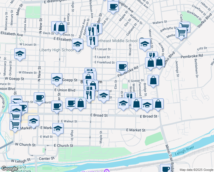 map of restaurants, bars, coffee shops, grocery stores, and more near 498 East Spruce Street in Bethlehem