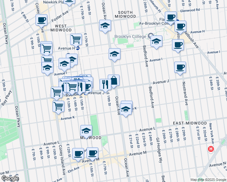 map of restaurants, bars, coffee shops, grocery stores, and more near 1005 East 19th Street in Brooklyn