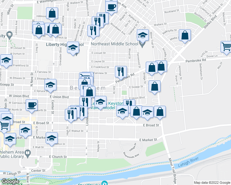 map of restaurants, bars, coffee shops, grocery stores, and more near 898 Elm Street in Bethlehem
