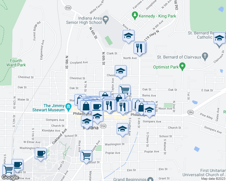 map of restaurants, bars, coffee shops, grocery stores, and more near 542 Oak Street in Indiana