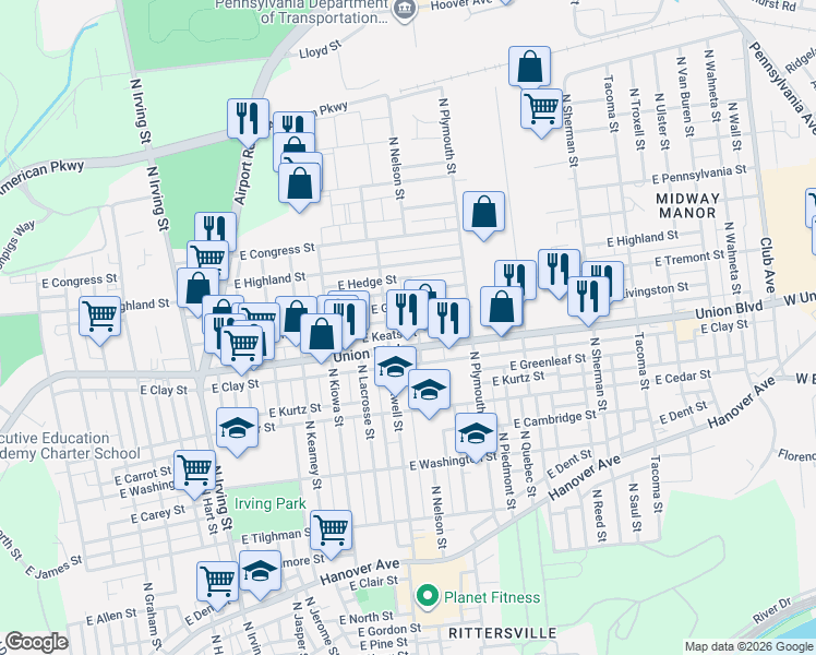 map of restaurants, bars, coffee shops, grocery stores, and more near 1401 East Livingston Street in Allentown