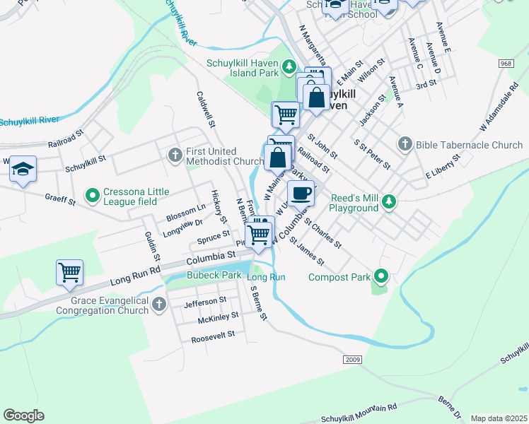 map of restaurants, bars, coffee shops, grocery stores, and more near 209 West Main Street in Schuylkill Haven