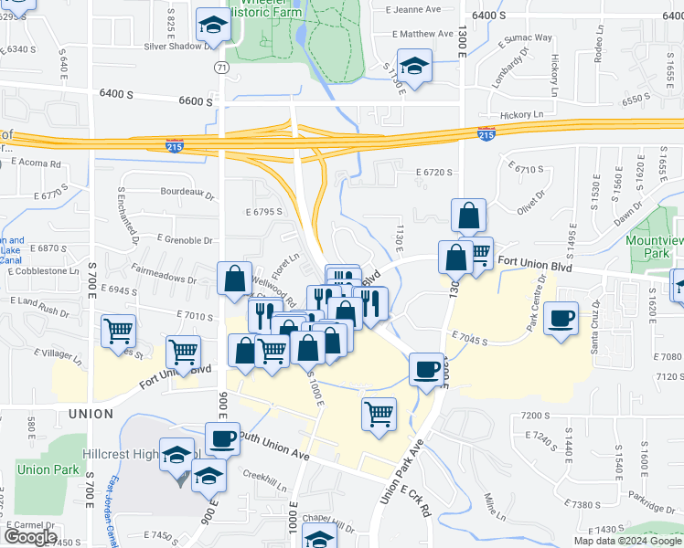 map of restaurants, bars, coffee shops, grocery stores, and more near 6918 Countrywoods Circle in Cottonwood Heights