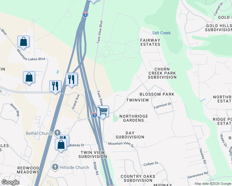 map of restaurants, bars, coffee shops, grocery stores, and more near 5513 Diamond Ridge Drive in Redding