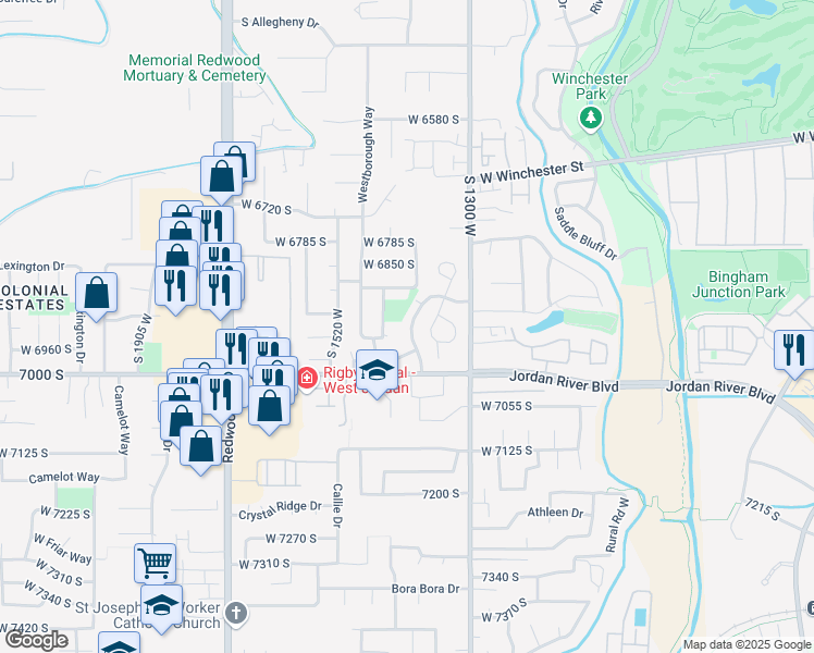map of restaurants, bars, coffee shops, grocery stores, and more near 6924 South Columbia Drive in West Jordan