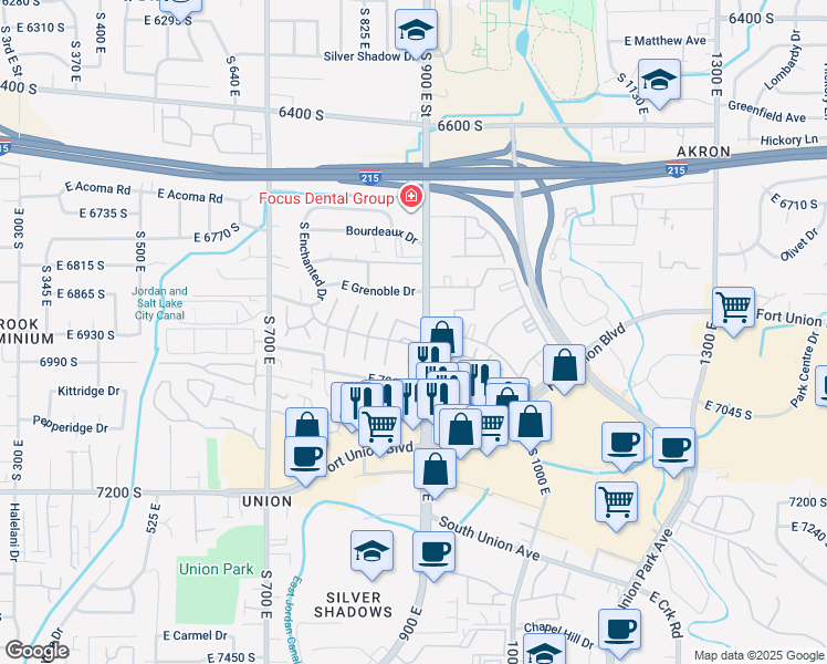map of restaurants, bars, coffee shops, grocery stores, and more near 888 East 6895 South in Midvale